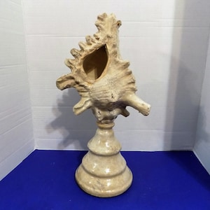 May include: A white ceramic seashell sculpture on a pedestal. The seashell has a large opening and intricate details. The pedestal is a simple, rounded shape.