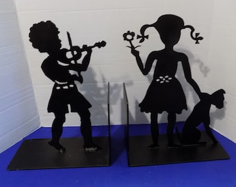Metal Boy Girl Kids Black Silhouette Bookends Book Stands