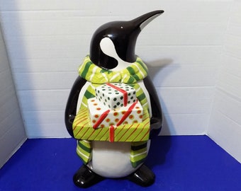 Holiday Christmas Penguin Cookie Jar Stephanie Stouffer Ceramic Figurine