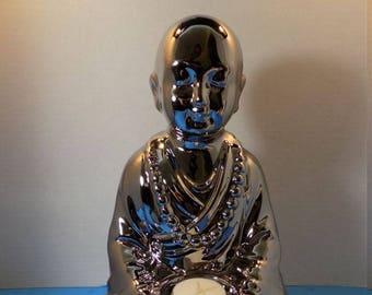 NEW Ceramic Silver Buddha Candle Holder Statue
