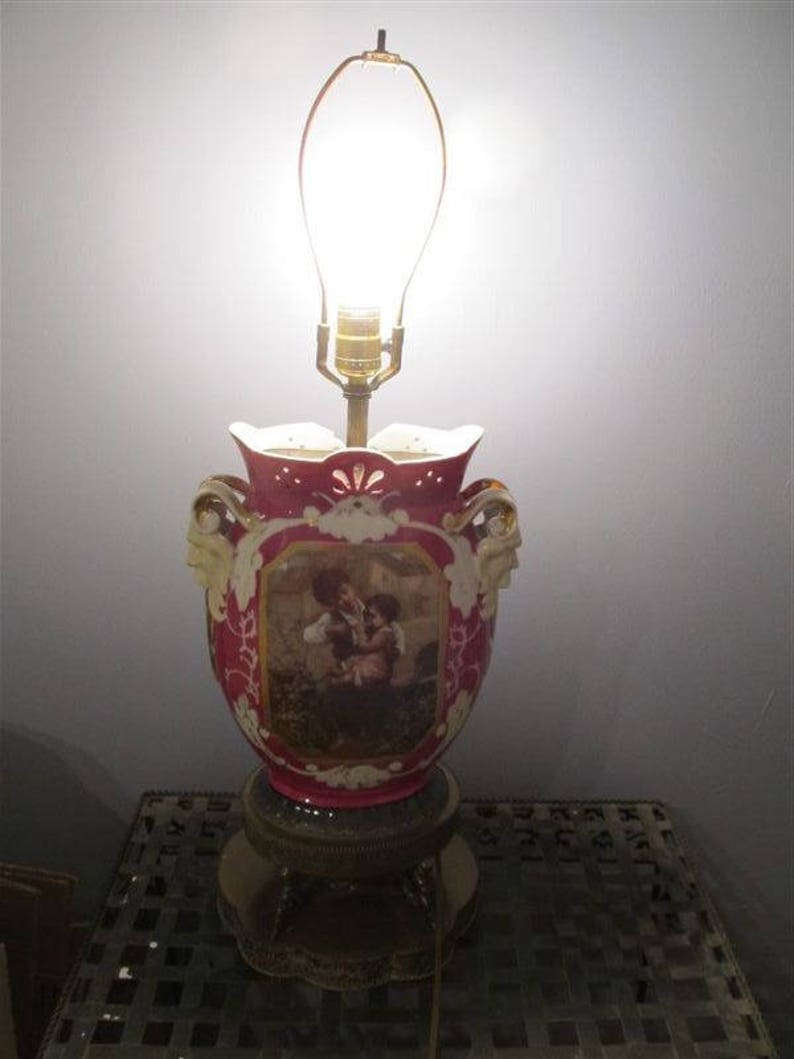 RARE Vintage Antique Victorian Baroque Style Porcelain Metal Brass Style English Table Lamp Home Decor