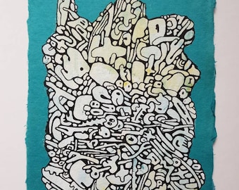 Ollio-Zeichnung 24. – eine kleine handgemachte Originalzeichnung auf feinem blaugrauen Papier. Einzigartiges Kunstwerk, perfektes Geschenk für einen Kunstliebhaber.