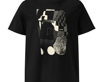 May include: Black t-shirt with a white abstract graphic print. The graphic features geometric shapes, lines, and dots.