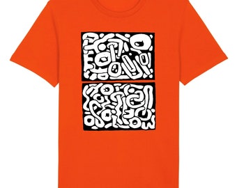 May include: Orange t-shirt with a white abstract design featuring two squares filled with squiggly lines.