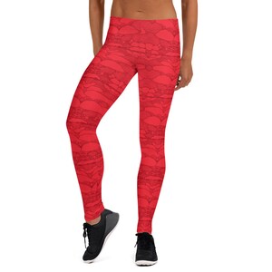 May include: Red leggings with a lace pattern.