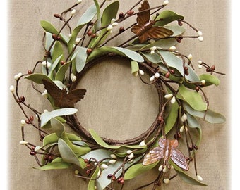 Farmhouse Decor Vintage Style Rustic Wreath Butterfly Ring with Pip Berries Accents, for Candles, Candleholders, Windows, Cabinet Doors