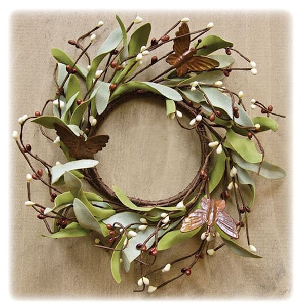 Farmhouse Decor Vintage Style Rustic Wreath Butterfly Ring with Pip Berries Accents, for Candles, Candleholders, Windows, Cabinet Doors