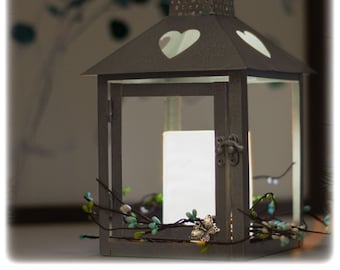 Memorial Gift, Metal Lantern with Cut Out Hearts, Butterfly Wreath, LED Candle, and Condolences Card