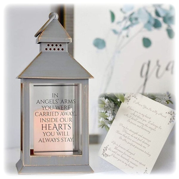 Loss of a Loved One Memorial Lantern Sympathy Gift with LED Candle, "In Angel's Arms" Candleholder with LED Candle