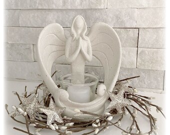 LED Tealight Angel Candleholder Statue and Star Wreath for Loss of Loved One, Sympathy Memorial Gift with Condolences Card