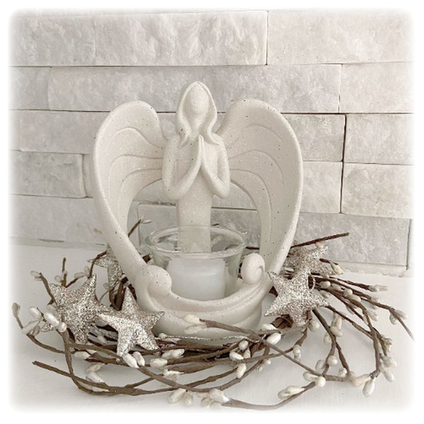 LED Tealight Angel Candleholder Statue and Star Wreath for Loss of Loved One, Sympathy Memorial Gift with Condolences Card