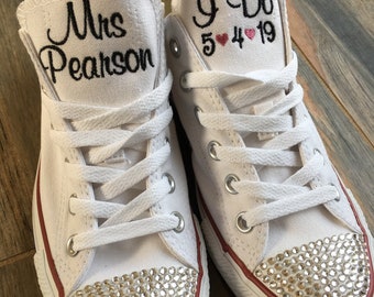 I DO Bling Embroidered Bride wedding shoes, Groom Wedding wedding shoes, Monogrammed Sneakers, Decorated sneaker (Low Top)Converse