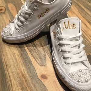 White Pearl Sneakers, Bride Shoes, Groom shoes, Wedding Embroidered Sneaker, Wedding shoes, wedding sneaker, Decorated Shoe (low top)