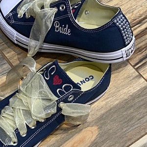 Pearl Sneaker with Ribbon laces, Bling, Bride Shoes, Groom shoes, Wedding Embroidered Sneakers, Wedding Converse, Decorated sneakers Low top