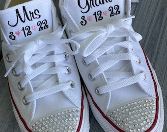 Embroidered Bling Wedding shoes, Monogrammed Sneakers, Bling Sneakers, Decorated Sneakers (Low Top) Bride shoes,Converse