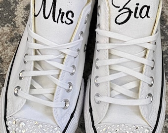 Platform Pearl and Bling wedding sneakers, pearls shoes, Platform Bride Shoes, Wedding Embroidered Sneakers. (Low Top)Converse