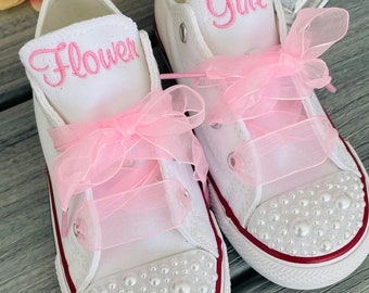 Flower girl shoes, PEARL encrusted, Ring Bearer shoes, Chucks sneakers, Custom Kid sneakersConverse