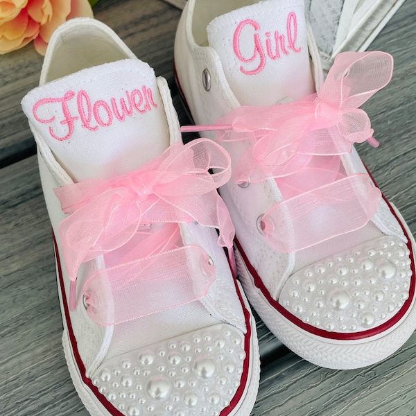 Flower girl shoes, PEARL encrusted, Ring Bearer shoes, Chucks sneakers, Custom Kid sneakersConverse