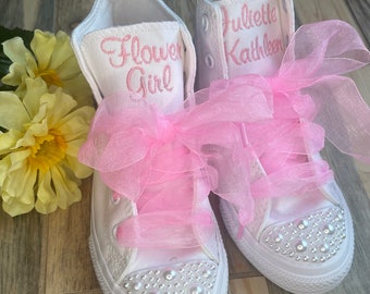 Flower girl shoes, Hi Top converse, PEARL toe, Ring Bearer shoes, Chucks sneakers, Custom Kid sneakers converse