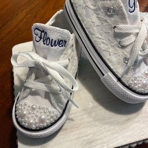 Flower girl shoes, Pearl and lace covered, Ring Bearer shoes, Chucks sneakers, Custom Kid sneakers Converse