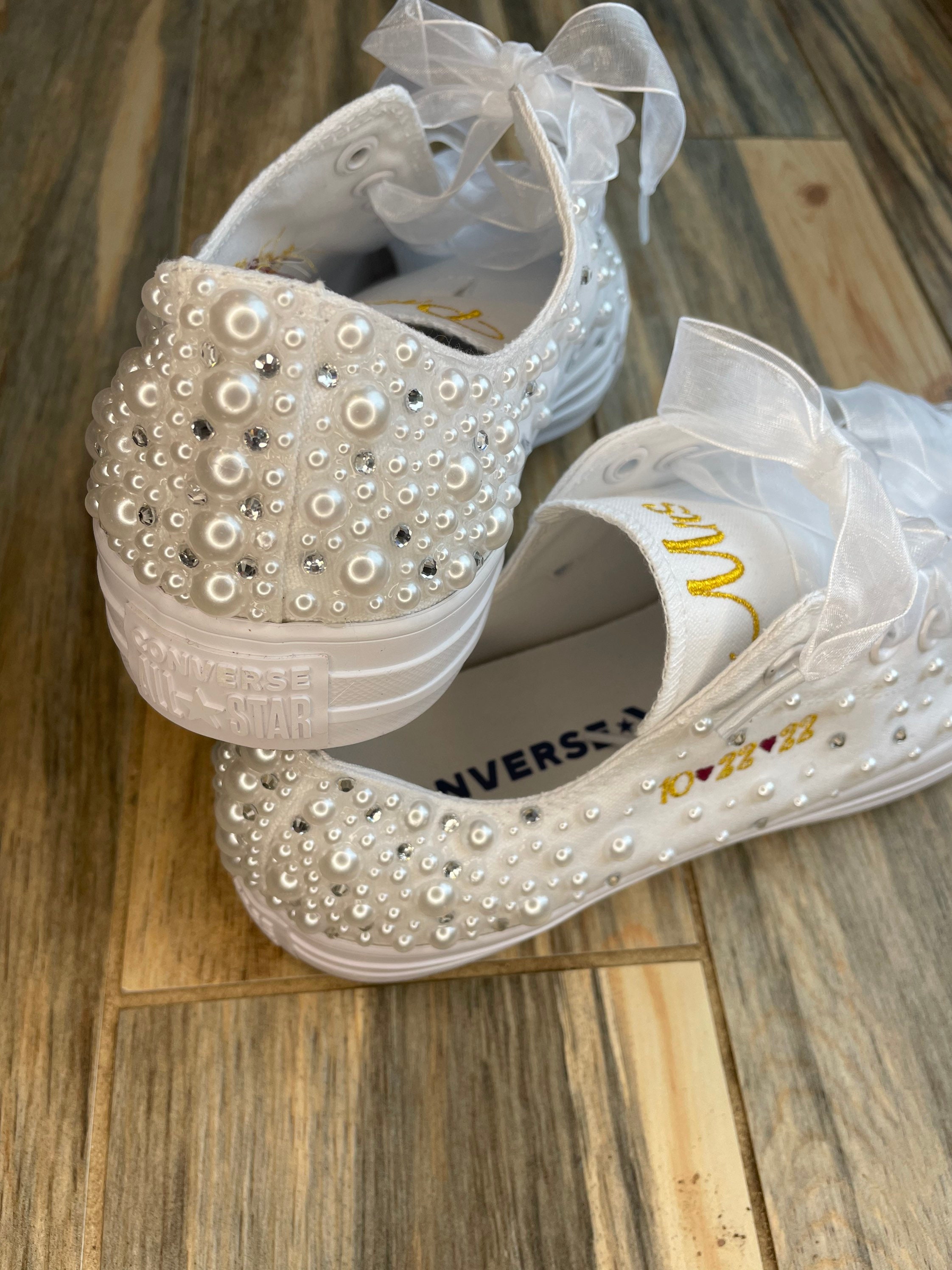 Pearl and Rhinestone Wedding Sneaker Ribbon Laces Bling Bride Shoes Wedding Converse Wedding Embroidered Sneakers Wedding Shoes Etsy