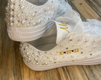 Pearl Rhinestone Wedding Converse: Embroidered Bride Shoes with Ribbon Laces