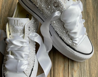PEARL ENCRUSTED PLATFORM Converse, Bride Shoes, Wedding Embroidered Wedding shoes, wedding sneakers, Decorated ShoesConverse