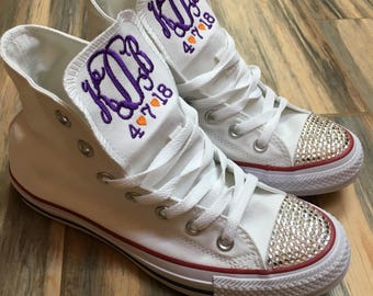 Hi Top Embroidered Bride shoe, Wedding Monogrammed Sneakers.  Bling Sneakers, Bling wedding shoes, Decorated Sneakers (Hi Top)Converse