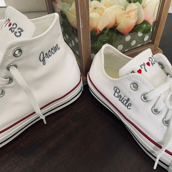 Bride Shoes, Groom shoes, Wedding Embroidered Converse Sneakers, Wedding shoes, Groom sneakers, Decorated Converse Low Top, Hi Top