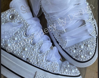 Pearl & Rhinestone Encrusted Platform Converse: Embroidered Wedding Sneakers