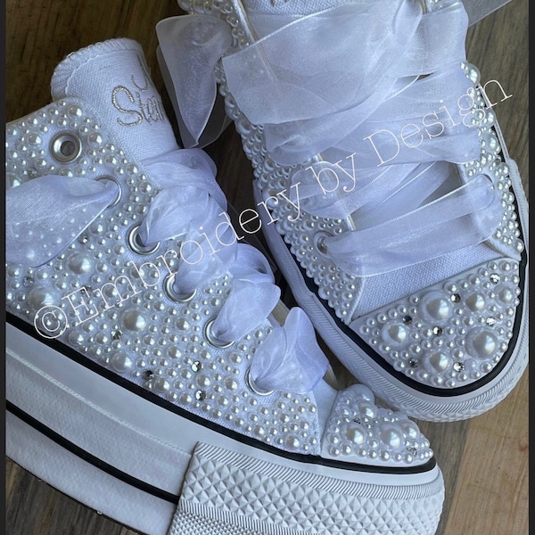 PEARL and BLING Encrusted PLATFORM Converse, Bride Shoes, Wedding Embroidered Wedding shoes, wedding sneakers, Decorated ShoesConverse