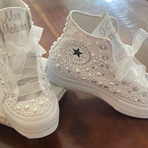 Converse Platform Hi Top Pearl shoes, Embroidered sneaker, Bling Bat Mitzvah shoes, Wedding Bling Sneakers, Bride shoes, Sweet 16