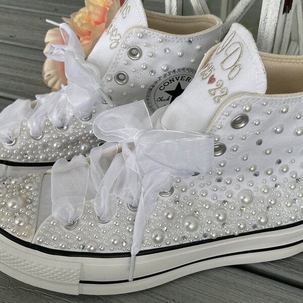 Converse Platform Hi Top Pearl shoes, Embroidered sneaker, Bling Bat Mitzvah shoes, Wedding Bling Sneakers, Bride shoes, Sweet 16