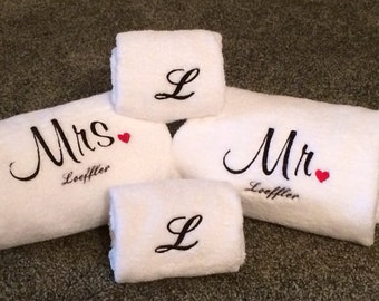 Embroidered Monogrammed Wedding Towel Set: Mr & Mrs Gift