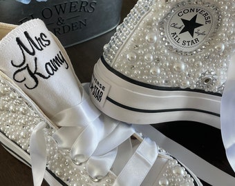PEARL ENCRUSTED PLATFORM Hi Top Converse, Bride Shoes, Wedding Embroidered Wedding shoes, wedding sneakers, Decorated ShoesConverse