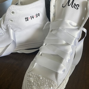 Hi Top Pearl Embroidered Bride shoe, Wedding Hi Top Sneakers.  Bling Sneakers, Bling wedding shoes, Decorated Sneaker (Hi Top)Converse
