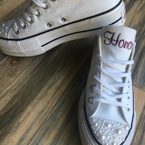 Platform PEARL shoes, Platform Bride Shoes, Wedding Embroidered Sneakers. sneakers, Decorated shoes (Low Top)Converse