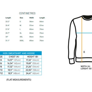 May include: Size chart for kids' sweatshirts and hoodies, showing measurements in inches and centimeters. The chart includes chest and height measurements for sizes 3/4 to 11/12.
