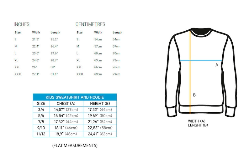May include: Size chart for kids' sweatshirts and hoodies, showing measurements in inches and centimeters. The chart includes chest and height measurements for sizes 3/4 to 11/12.