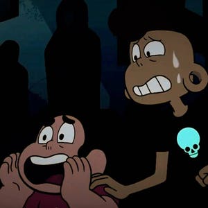 May include: Two cartoon characters, one with brown skin and black hair, wearing a black shirt with a glowing blue skull, and the other with pink skin, are both looking scared and holding their hands up to their faces.
