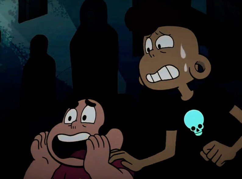 May include: Two cartoon characters, one with brown skin and black hair, wearing a black shirt with a glowing blue skull, and the other with pink skin, are both looking scared and holding their hands up to their faces.
