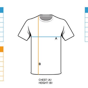 May include: Size chart for t-shirts with measurements in inches and centimeters. The chart includes sizes for men, women, and children.