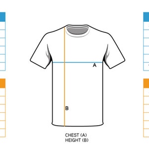 May include: Size chart for t-shirts and tank tops. The chart includes measurements for chest and height in inches and centimeters for men's, women's, and children's sizes.