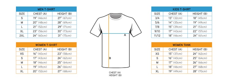 May include: Size chart for t-shirts and tank tops. The chart includes measurements for chest and height in inches and centimeters for men's, women's, and children's sizes.