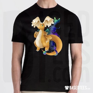 May include: Black t-shirt with a cartoon dragon design. The dragon has tan and white wings, a tan body, and a colourful tail. A second, translucent dragon is behind the first. The shirt has the text "BASEDTEES" at the bottom.