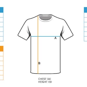 May include: Size chart for t-shirts with measurements in inches and centimeters. The chart includes sizes for men, women, and children. The chart shows the chest and height measurements for each size.