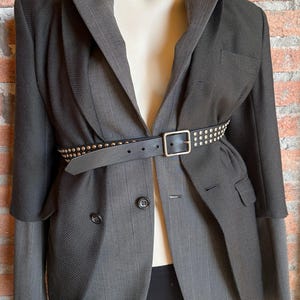 Comme des Garcons Archive Double Blazer Black Waffle Wool Pinstripe Studded Leather Belt Deconstructed Jacket Size S Made in Japan FW2000