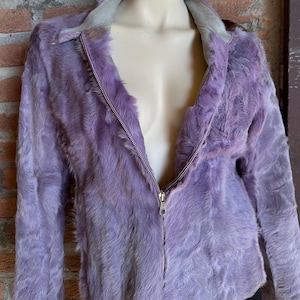 Marni Vintage Lilac Sheared Lamb Fur Jacket Natural Brown Patch Perforated Suede Lining Front Zip Made in Italy Early 2000s Size 44
