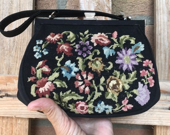 1960s floral petit point handbag, black needlepoint purse with roses, romantic cottagecore tapestry bag, vintage evening clutch, mint