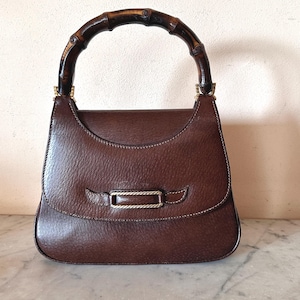 Gucci Vintage Warm Brown Boar Leather Compact Top Handle Bag Bamboo Handle Gold Hardware Made in Italy 1960s